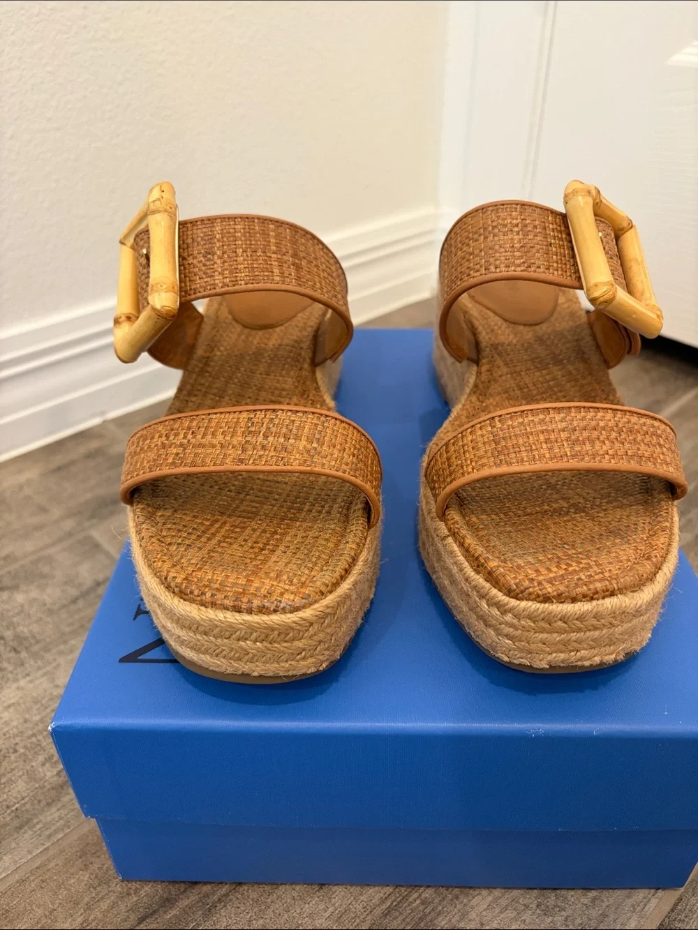 J. McLaughlin Fleur Tan Woven Espadrille Wedge Slides with Buckle